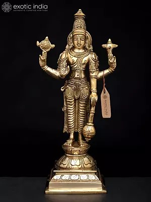 12" Chaturbhuja Lord Vishnu with Conch, Chakra, Mace and Lotus | Brass Sculpture