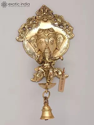 9" Lord Ganesha Wall Hanging Brass Oil Lamp with Bell