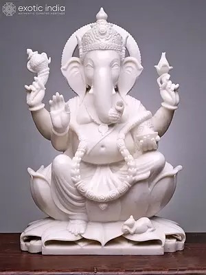 11" Four Armed Lord Ganapati Seated on Lotus With Mushak | White Marble Statue For Temple