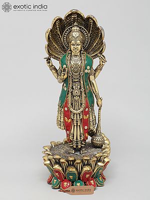 10" Four Armed Standing Shri Hari Vishnu with Protected Sheshnag | Brass Statue with Inlay Work