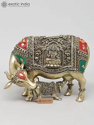6" Small Superfine Cow and Calf with Ganesha Lakshmi Carving | Brass Statue with Inlay Work
