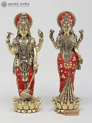10" Standing Four Armed Lakshmi - Narayan (Vishnu - Lakshmi) in Blessing Gesture | Brass Statues with Inlay Work