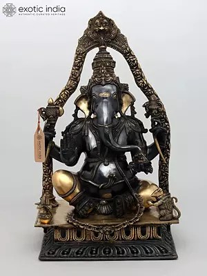 24" Black and Gold Blessing Lord Ganesha with Kirtimukha Prabhavali | Brass Statue