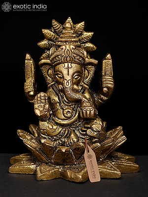 3" Small Divine Ganpati in Blessing Pose with Seated on Lotus | Brass Sculpture