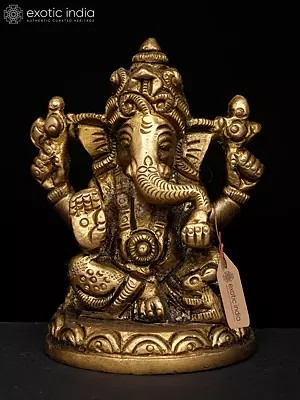 3" Small Four-Armed Ganesha with Modak & Mushak: A Divine Presence | Brass Idol
