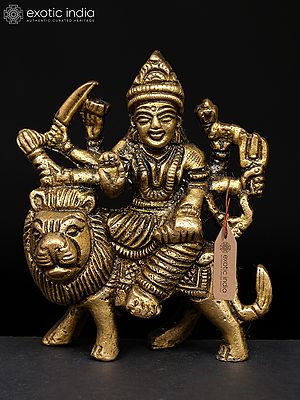 3" Small Goddess Durga in Her Divine Form Seated on Lion | Brass Idol