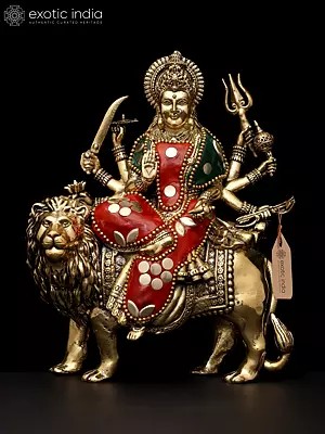 6" Small Superfine Ashtabhujadharini Goddess Durga (Sherawali Maa) | Brass Statue with Inlay Work