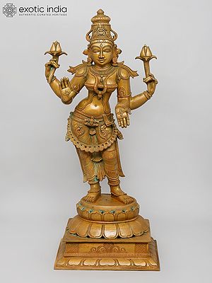 26" Standing Goddess Lakshmi in Blessing Gesture | Bronze Statue