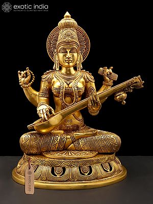18" Four Armed Goddess Saraswati | Brass Statue