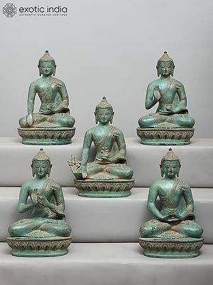 10" Set of Five Buddha Seated in Different Mudras | Brass Statues