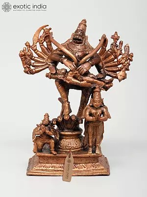 6" Small Eighteen Armed Lord Narasimha Killing Hiranyakashipu | Copper Statue