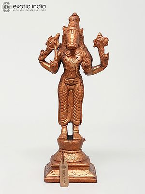 6" Small Four Armed Standing Lord Varaha | Copper Statue
