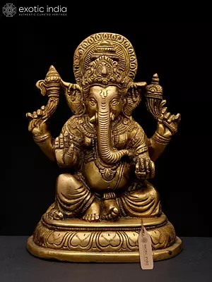 6" Small Chaturbhuja Lord Ganesha in Blessing Gesture | Brass Statue