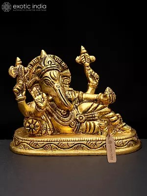 5" Small Four Armed Relaxing Lord Ganesha | Brass Statue