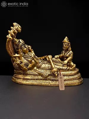 5" Small Shesha-Shayi Lord Vishnu with Devi Lakshmi | Brass Statue