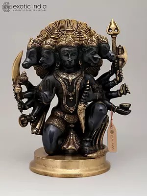 11" Black and Gold Finish Sitting Ten Armed Panchamukhi Lord Hanuman | Brass Statue