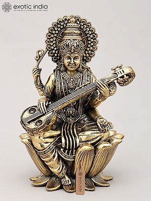 Small Superfine Devi Saraswati Playing Veena | Silver Plated Brass Statue