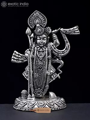 4" Small Shrinathji - Form of Lord Krishna | Silver Plated Brass Statue