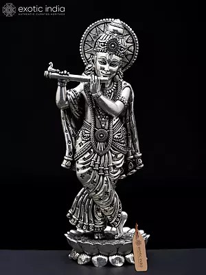 6" Small Superfine Standing Lord Krishna Playing Flute | Silver Plated Brass Statue