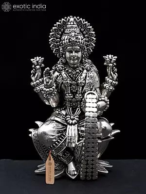 4'' Small Four Armed Goddess Lakshmi Showering Wealth | Silver Plated Brass Statue