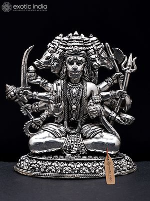 3" Small Ten Armed Panchamukhi Lord Hanuman | Silver Plated Brass Statue