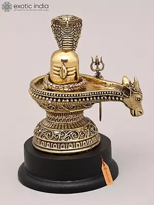 5" Small Superfine Brass Statue of Shiva Lingam with Nandi, Trident and Vasuki Naag with Wood Base | Made in India