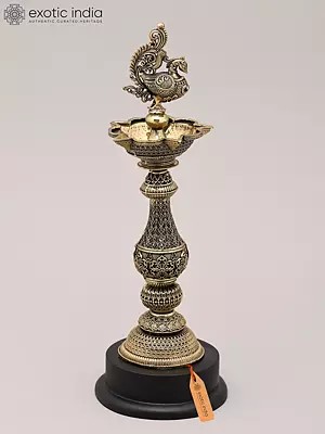 9" Peacock Brass Oil Lamp with Wood Base for Home and Temple | Made in India