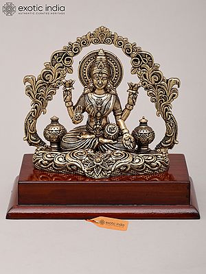 5" Small Superfine Four Armed Dhanalakshmi Seated with Attractive Arch and Wood Base | Brass Idol