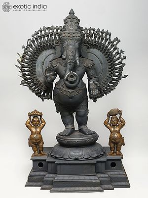 54" Hundred Armed Standing Lord Ganesha | A Staggering Triumph of Chola Artistic Tradition In Panchaloha Bronze | Made In Swamimalai, Tamil Nadu, India