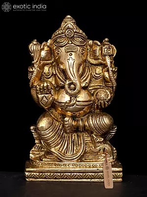 4'' Small Four-Handed Ganesha With Modak | Flat Brass Statue