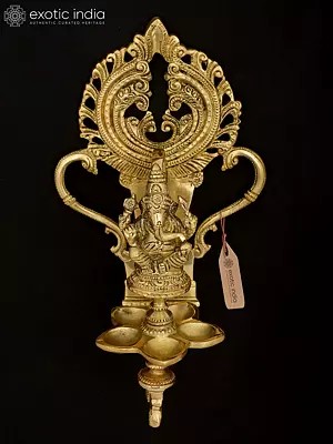 11'' Multiple Wicks Lord Ganesha Lamp | Wall Hanging | Brass