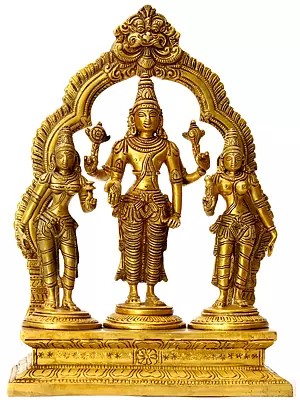 10" Lord Vishnu with Shridevi and Bhudevi in Brass | Handcrafted In India