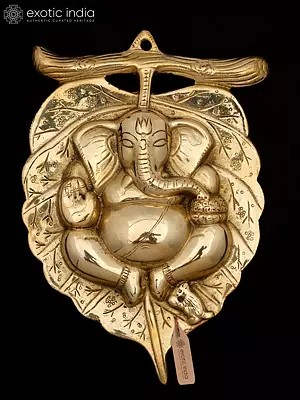 8" Small Brass Lord Ganesha Statue on Peepal Leaf Wall Hanging