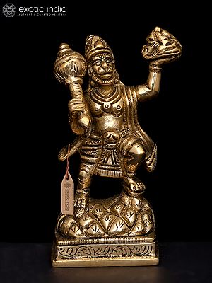 4" Brass Hanuman Statue Lifting Sanjeevani Booti Mountain | Handmade | Made in India
