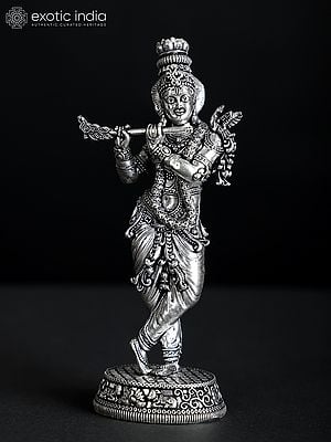 5" Small Superfine Standing Lord Krishna Playing Flute | Silver Plated Brass Statue