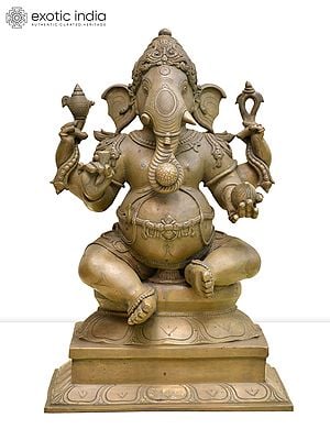 16" Sitting Chaturbhuja Lord Ganesha | Madhuchista Vidhana (Lost-Wax) | Panchaloha Bronze from Swamimalai