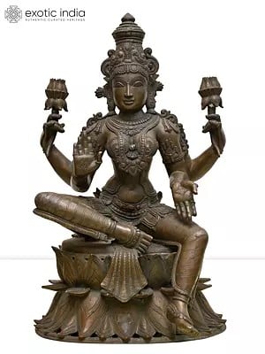 20" Blessing Goddess Lakshmi Seated on Lotus | Madhuchista Vidhana (Lost-Wax) | Panchaloha Bronze from Swamimalai