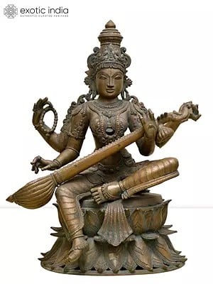 20" Sitting Goddess Saraswati Playing Veena | Madhuchista Vidhana (Lost-Wax) | Panchaloha Bronze from Swamimalai