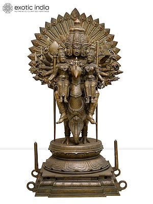 34" Large Twelve Armed Shanmukha Murugan Seated on Peaocck with his Consorts Devasena and Valli | Madhuchista Vidhana (Lost-Wax) | Panchaloha Bronze from Swamimalai