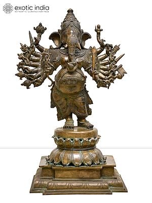 20" Sixteen Arms Standing Veer Ganapati | Madhuchista Vidhana (Lost-Wax) | Panchaloha Bronze from Swamimalai