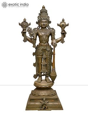 41" Large Four-Armed Standing Lord Vishnu with Garuda at Bottom | Madhuchista Vidhana (Lost-Wax) | Panchaloha Bronze from Swamimalai