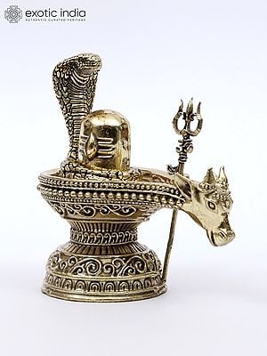 4" Small Brass Nandi Mukh Shivalinga with Protecting Naag and Trishul