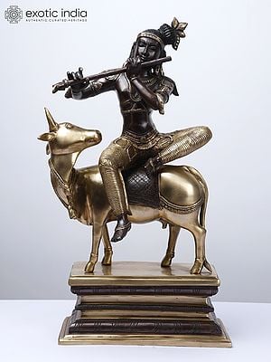 20" Fluting Krishna Seated on Cow | Gopala Krishna Brass Statue