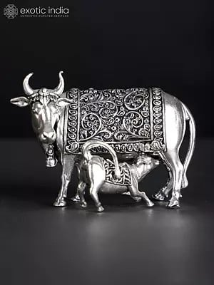 3" Small Superfine Cow and Calf | Silver Plated Brass Statue