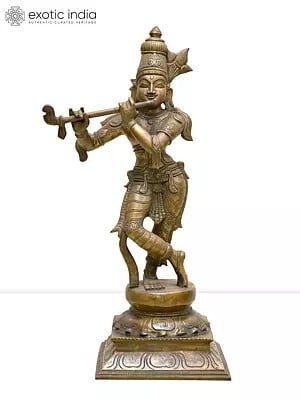 18" Standing Lord Krishna Playing Flute | Madhuchista Vidhana (Lost-Wax) | Panchaloha Bronze from Swamimalai