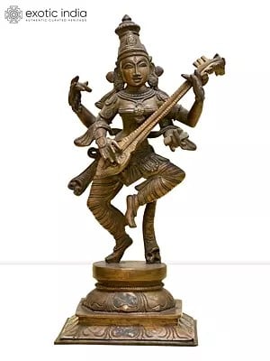 13" Four-Armed Dancing Devi Saraswati | Madhuchista Vidhana (Lost-Wax) | Panchaloha Bronze from Swamimalai