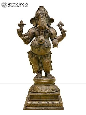 9" Standing Chaturbhuja Lord Ganesha | Madhuchista Vidhana (Lost-Wax) | Panchaloha Bronze from Swamimalai