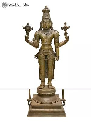 43" Large Standing Four-Armed Lord Vishnu | Madhuchista Vidhana (Lost-Wax) | Panchaloha Bronze from Swamimalai