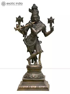 16" Four Armed Standing Lord Krishna Playing Flute | Madhuchista Vidhana (Lost-Wax) | Panchaloha Bronze from Swamimalai