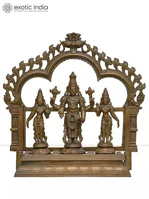 13" Standing Lord Vishnu with Sridevi and Bhudevi on Kirtimukha Throne | Madhuchista Vidhana (Lost-Wax) | Panchaloha Bronze from Swamimalai